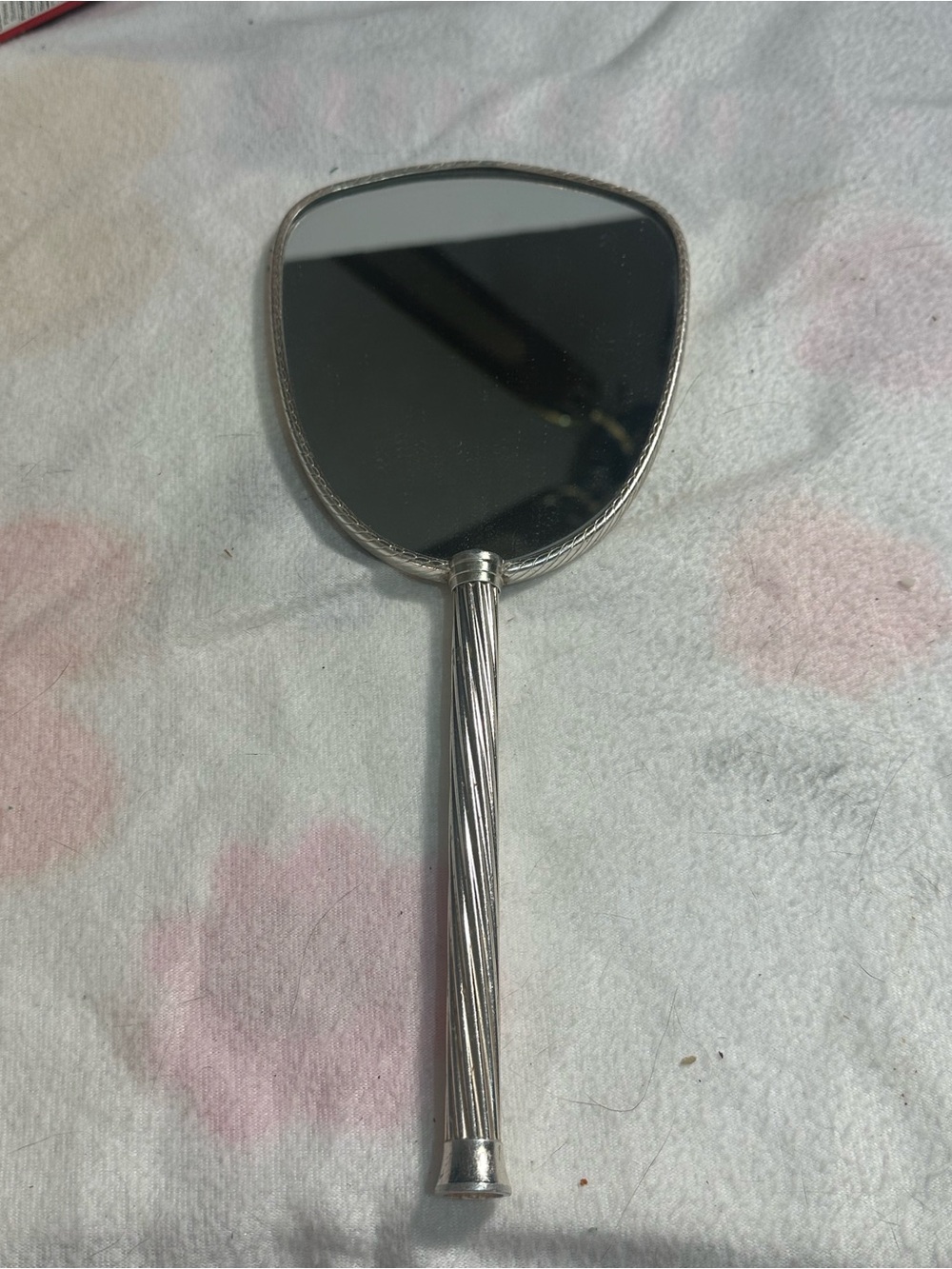 Vintage Silver Tone Hand Mirror Floral Brocade Vanity Dressing Table 11.5”